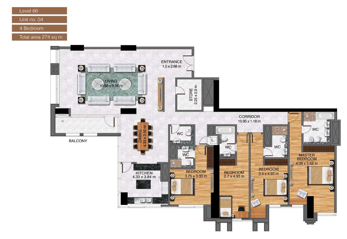 Level-66,Unit-no-4-,4-Bedroom-,Size-274-Sq m